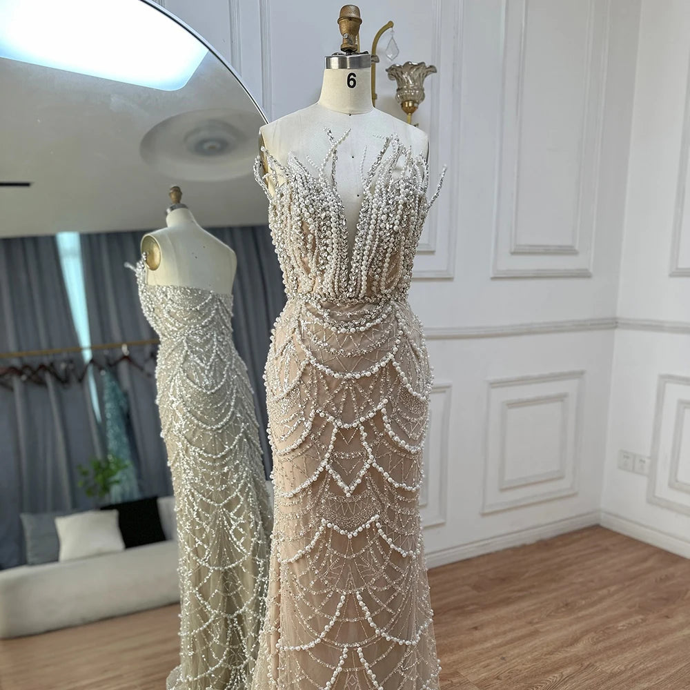 Luxury Dubai Nude Saudi Pearls Beaded Mermaid Evening Dresses Gowns for Formal Occasion LA72816 - SERENE HILL