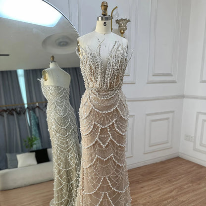 Luxury Dubai Nude Saudi Pearls Beaded Mermaid Evening Dresses Gowns for Formal Occasion LA72816 - SERENE HILL