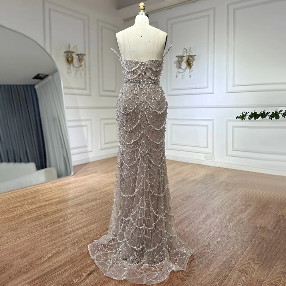 Luxury Dubai Nude Saudi Pearls Beaded Mermaid Evening Dresses Gowns for Formal Occasion LA72816 - SERENE HILL