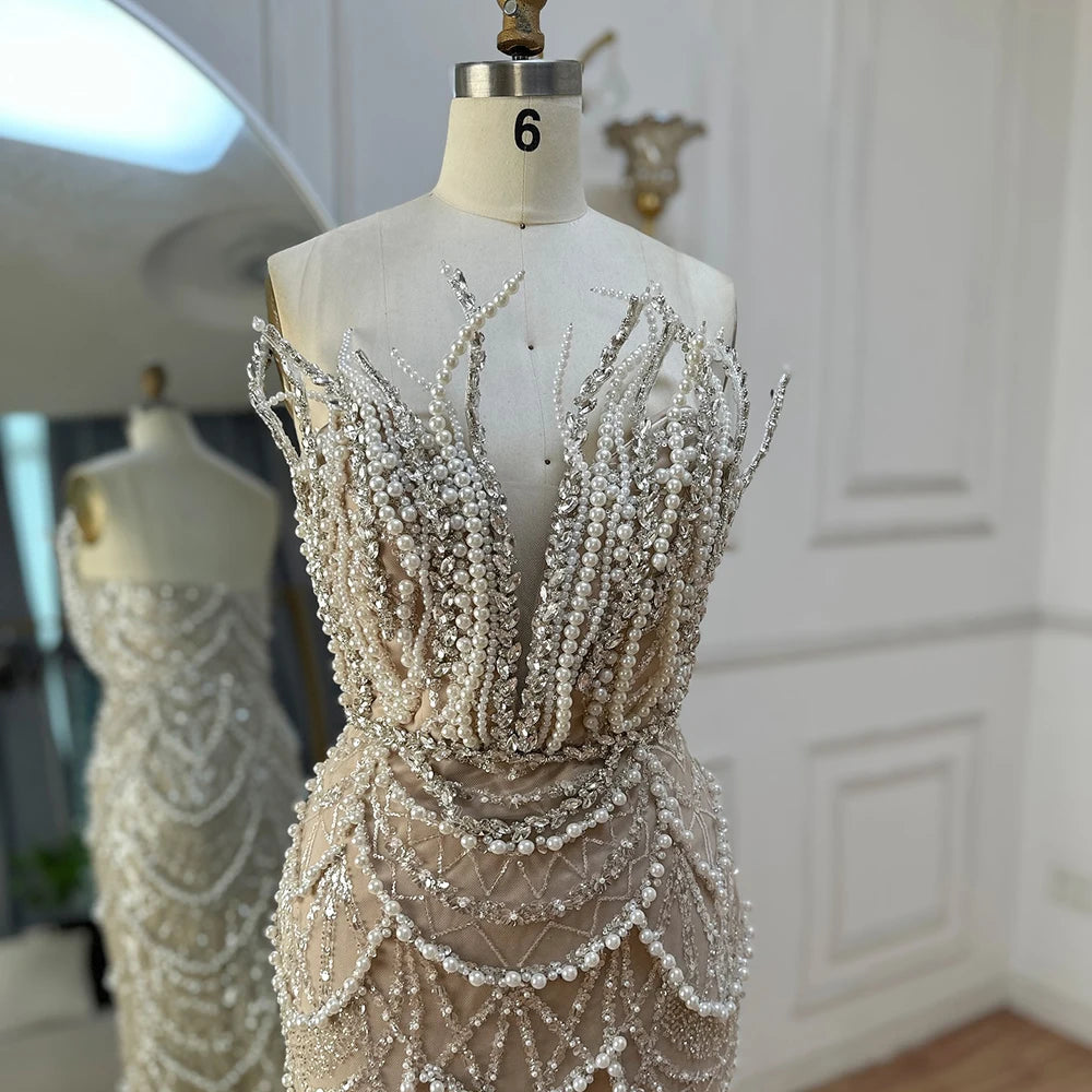 Luxury Dubai Nude Saudi Pearls Beaded Mermaid Evening Dresses Gowns for Formal Occasion LA72816 - SERENE HILL