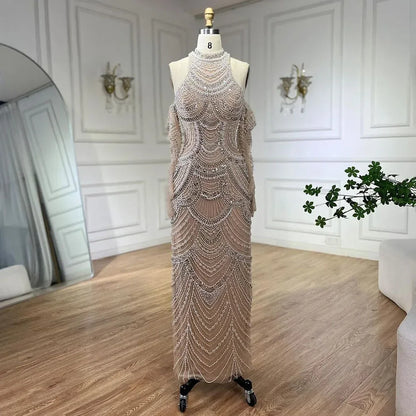 Luxury Dubai Arabia Nude Mermaid Elegant Evening Dress Gowns with Pearls Beaded for Formal Occasion LA72091A - SERENE HILL