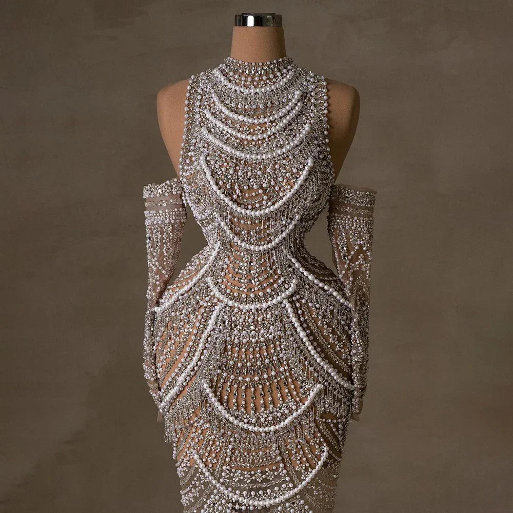 Luxury Dubai Arabia Nude Mermaid Elegant Evening Dress Gowns with Pearls Beaded for Formal Occasion LA72091A - SERENE HILL