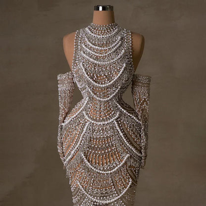 Luxury Dubai Arabia Nude Mermaid Elegant Evening Dress Gowns with Pearls Beaded for Formal Occasion LA72091A - SERENE HILL
