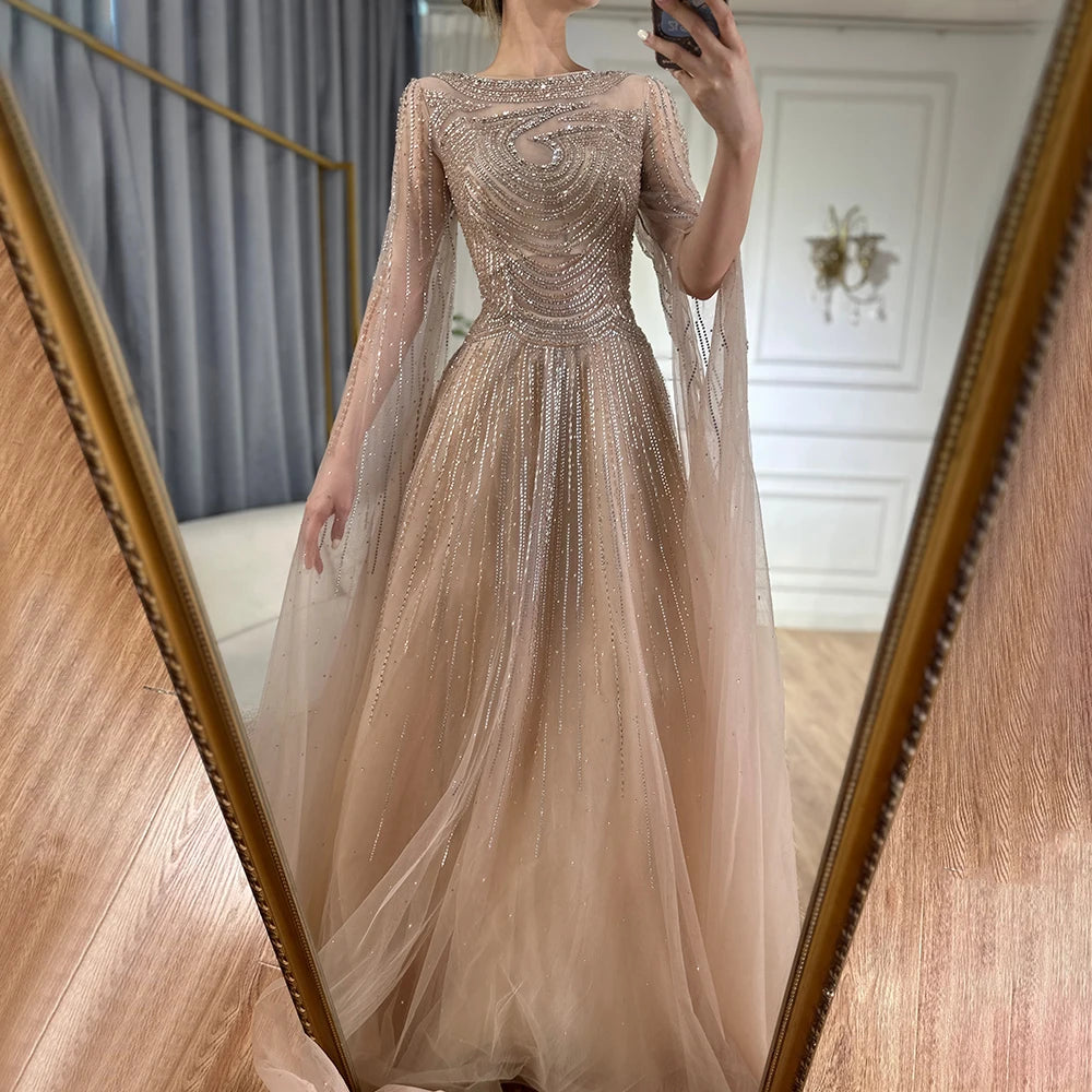 Dubai Caramel A-Line Beaded Evening Dress with Cape Sleeves LA72799 - SERENE HILL