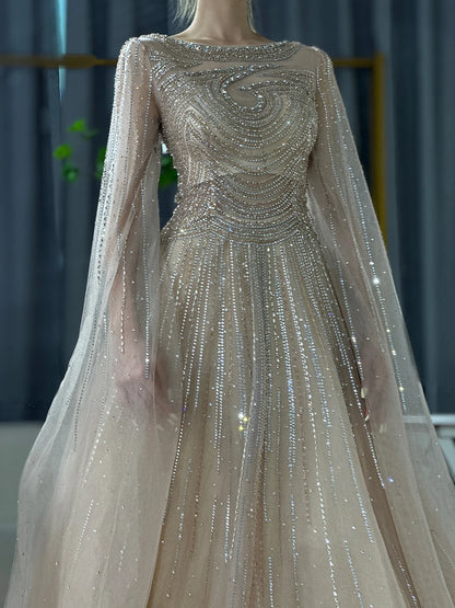Dubai Caramel A-Line Beaded Evening Dress with Cape Sleeves LA72799 - SERENE HILL