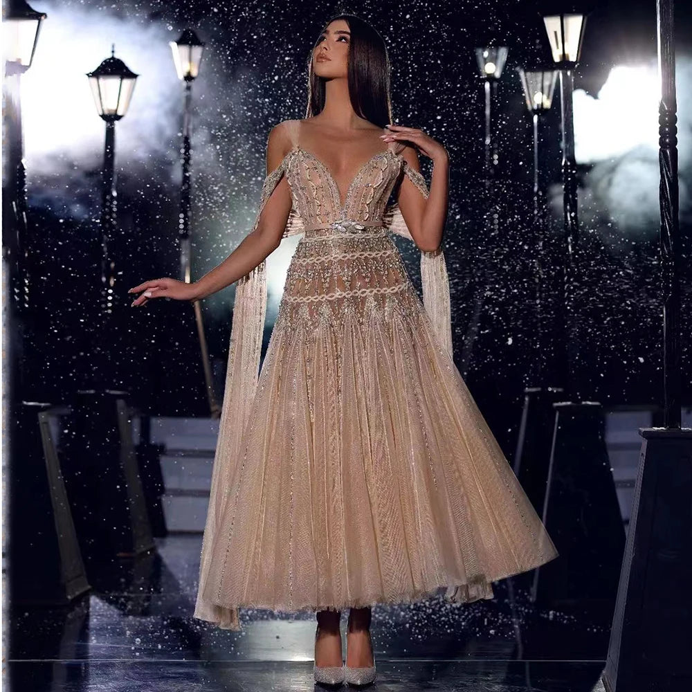Luxury Dubai Arabic Nude A-Line Midi Straps Beaded Evening Dresses Gowns For Women Wedding Party LA71911 - SERENE HILL