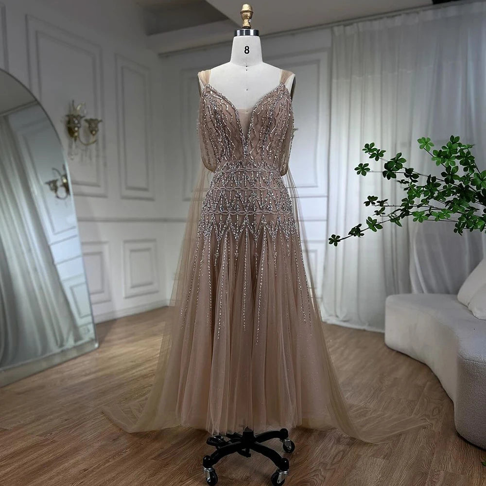 Luxury Dubai Arabic Nude A-Line Midi Straps Beaded Evening Dresses Gowns For Women Wedding Party LA71911 - SERENE HILL