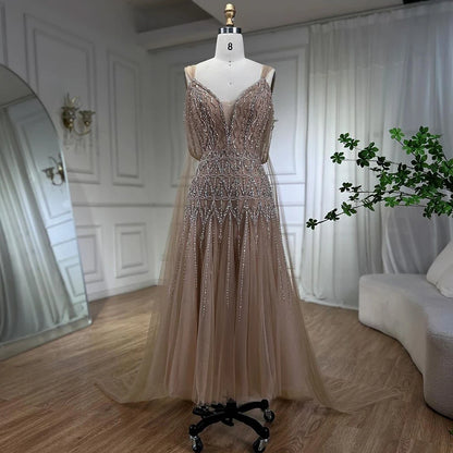 Luxury Dubai Arabic Nude A-Line Midi Straps Beaded Evening Dresses Gowns For Women Wedding Party LA71911 - SERENE HILL