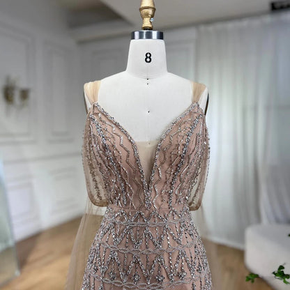 Luxury Dubai Arabic Nude A-Line Midi Straps Beaded Evening Dresses Gowns For Women Wedding Party LA71911 - SERENE HILL