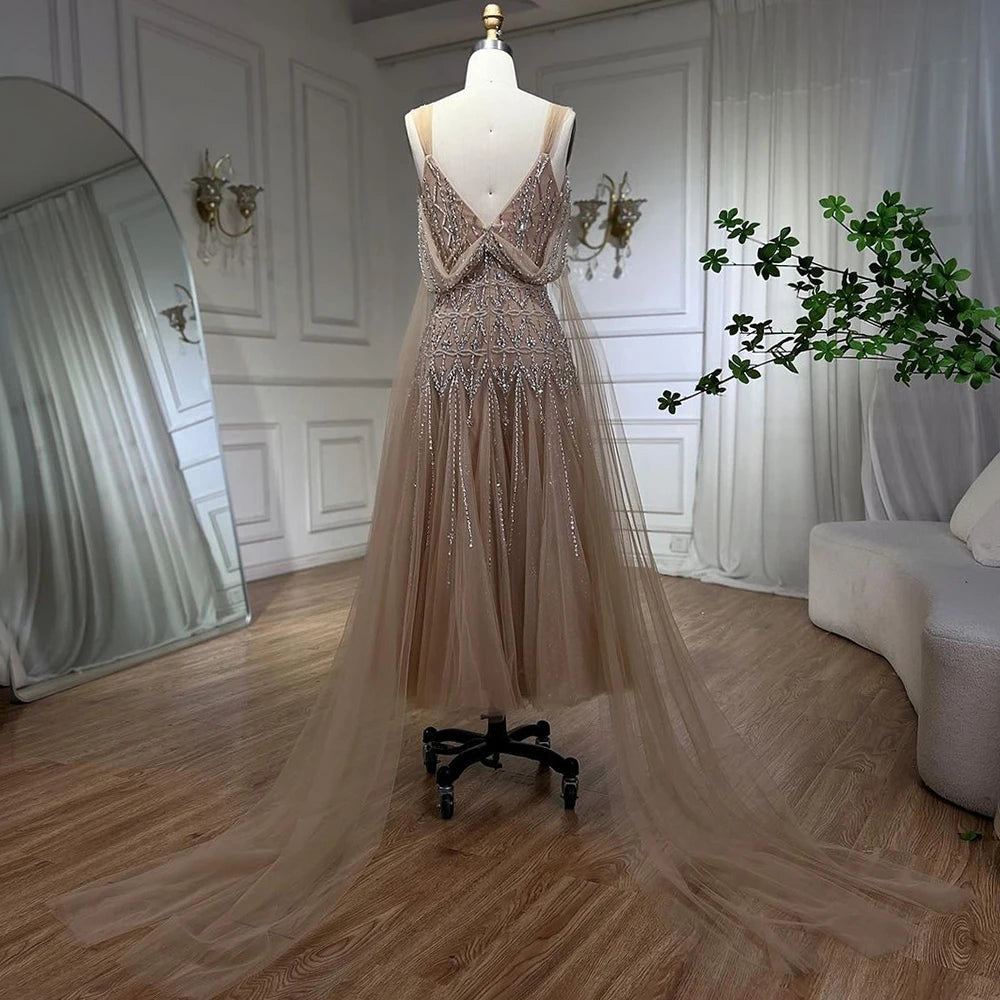 Luxury Dubai Arabic Nude A-Line Midi Straps Beaded Evening Dresses Gowns For Women Wedding Party LA71911 - SERENE HILL