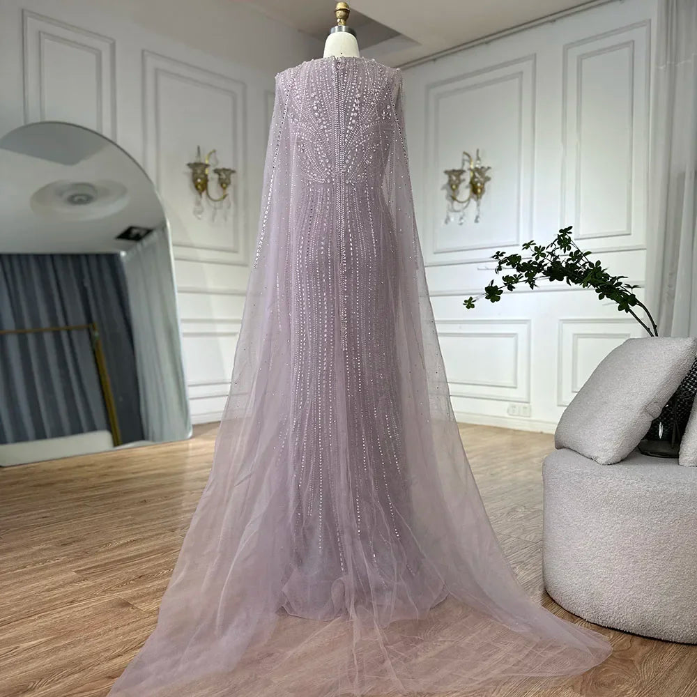 Luxury Dubai Pink Cape Sleeves Beaded Evening Dresses Gowns For Women Wedding Party LA72864 - SERENE HILL