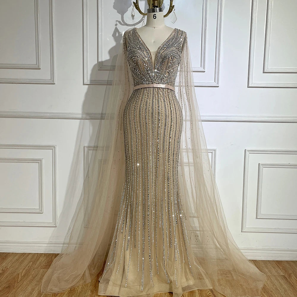 Luxury Dubai Pink Cape Sleeves Beaded Evening Dresses Gowns For Women Wedding Party LA72864 - SERENE HILL