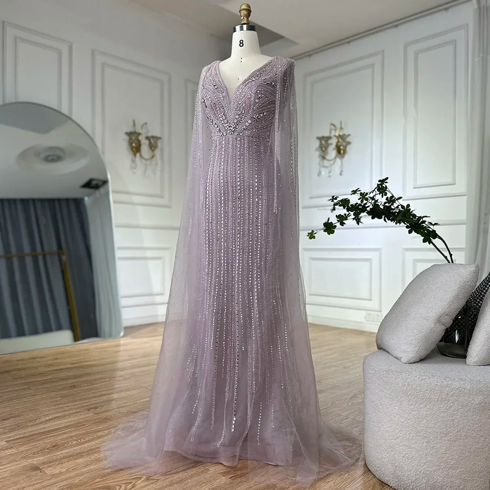 Luxury Dubai Pink Cape Sleeves Beaded Evening Dresses Gowns For Women Wedding Party LA72864 - SERENE HILL