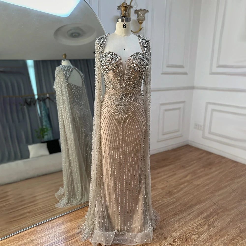 Luxury Dubai Silver Nude Cape Sleeves Beaded Evening Dress LA72575 - SERENE HILL