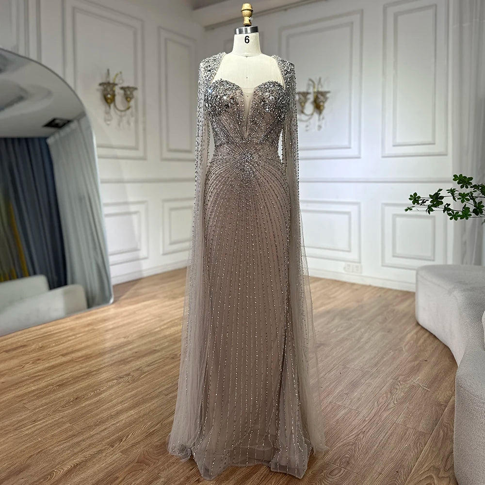 Luxury Dubai Silver Nude Cape Sleeves Beaded Evening Dress LA72575 - SERENE HILL