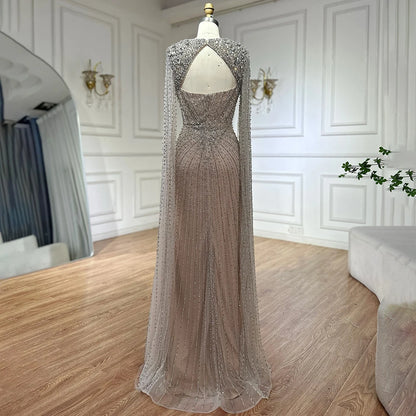 Luxury Dubai Silver Nude Cape Sleeves Beaded Evening Dress LA72575 - SERENE HILL