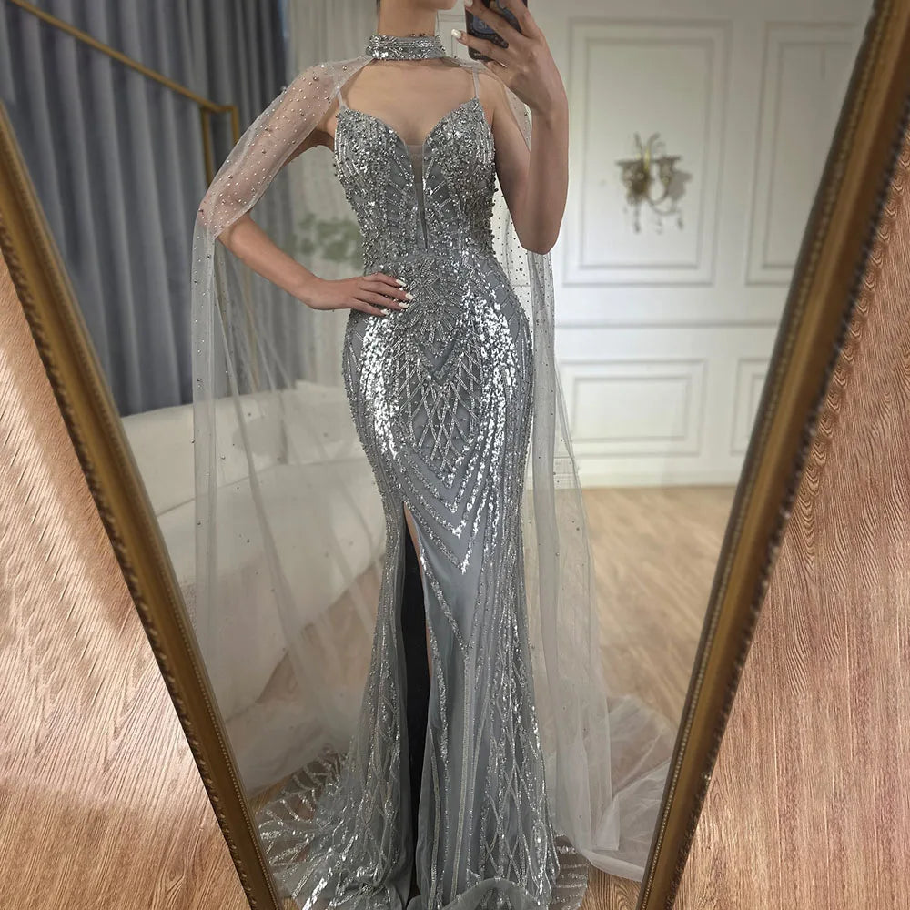 Luxury Dubai Black Nude Beaded Spaghetti Strap Evening Dress Gown with Long Cape for Formal Occasion LA72795 - SERENE HILL