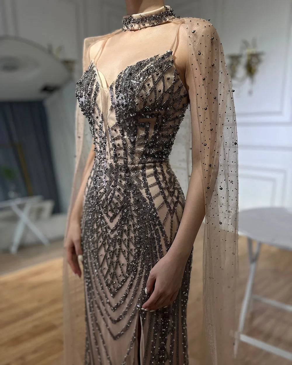 Luxury Dubai Black Nude Beaded Spaghetti Strap Evening Dress Gown with Long Cape for Formal Occasion LA72795 - SERENE HILL
