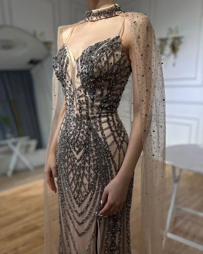 Luxury Dubai Black Nude Beaded Spaghetti Strap Evening Dress Gown with Long Cape for Formal Occasion LA72795 - SERENE HILL