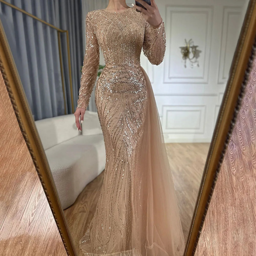 Luxury Dubai Caramel Beaded Mermaid Long Arabic Evening Dresses Gowns With Overskirt for Formal Occasion LA71673A - SERENE HILL