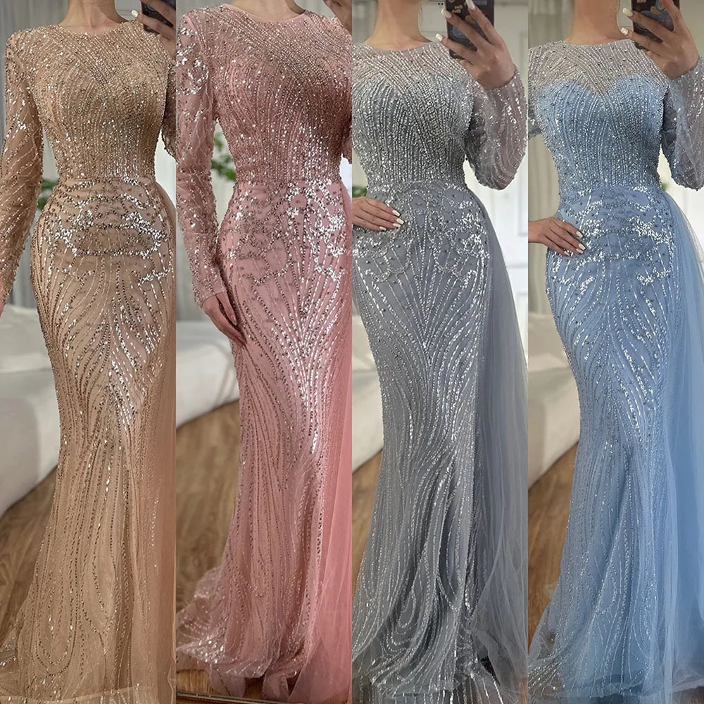 Luxury Dubai Caramel Beaded Mermaid Long Arabic Evening Dresses Gowns With Overskirt for Formal Occasion LA71673A - SERENE HILL