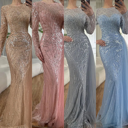 Luxury Dubai Caramel Beaded Mermaid Long Arabic Evening Dresses Gowns With Overskirt for Formal Occasion LA71673A - SERENE HILL