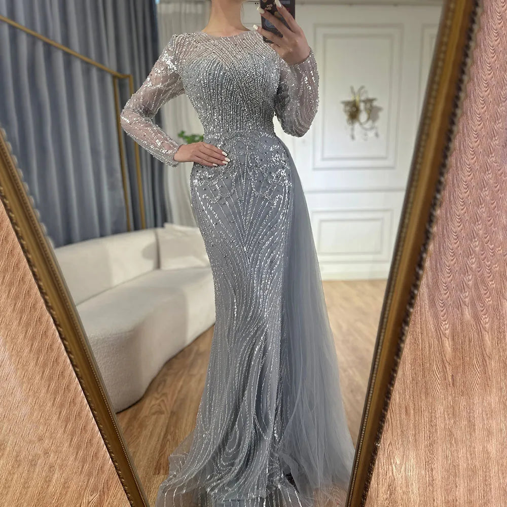 Luxury Dubai Caramel Beaded Mermaid Long Arabic Evening Dresses Gowns With Overskirt for Formal Occasion LA71673A - SERENE HILL