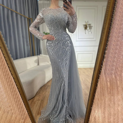 Luxury Dubai Caramel Beaded Mermaid Long Arabic Evening Dresses Gowns With Overskirt for Formal Occasion LA71673A - SERENE HILL