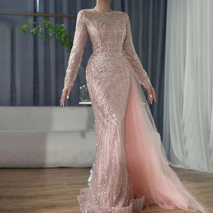 Luxury Dubai Caramel Beaded Mermaid Long Arabic Evening Dresses Gowns With Overskirt for Formal Occasion LA71673A - SERENE HILL