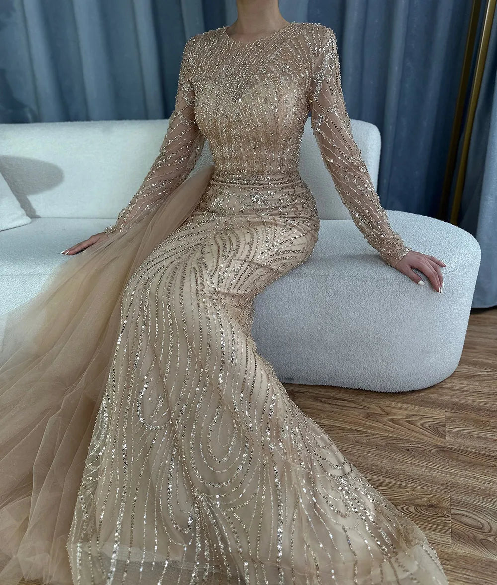 Luxury Dubai Caramel Beaded Mermaid Long Arabic Evening Dresses Gowns With Overskirt for Formal Occasion LA71673A - SERENE HILL