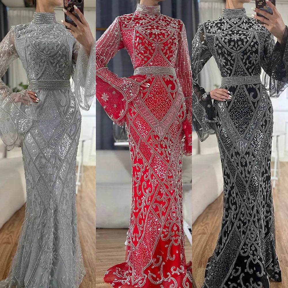 Luxury Dubai Muslim Red Mermaid Black Evening Dress with Cape Sleeves and Beaded for Formal Occasion LA72316C - SERENE HILL