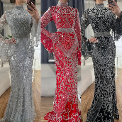 Luxury Dubai Muslim Red Mermaid Black Evening Dress with Cape Sleeves and Beaded for Formal Occasion LA72316C - SERENE HILL