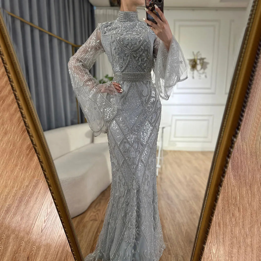 Luxury Dubai Muslim Red Mermaid Black Evening Dress with Cape Sleeves and Beaded for Formal Occasion LA72316C - SERENE HILL