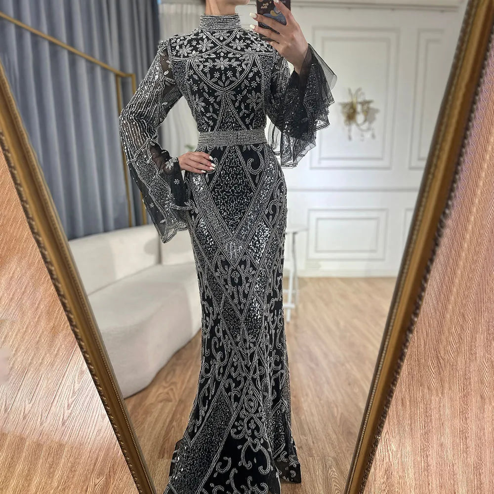 black dress with collar and sleeves Luxury Dubai Muslim Red Mermaid Black Evening Dress with Cape Sleeves –  SERENE HILL