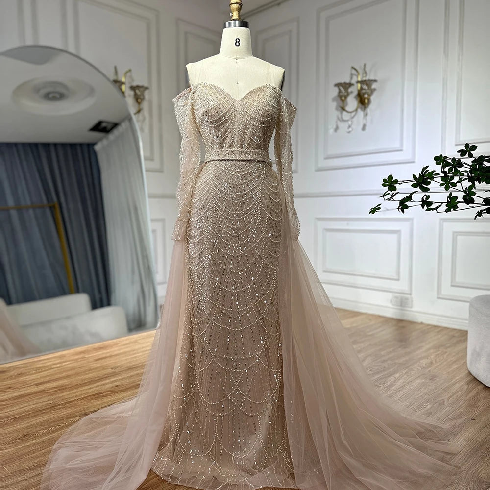 Luxury Dubai Nude Mermaid Arabia Beaded Evening Dress Gown with Detachable Skirt for Formal Occasion LA72243A - SERENE HILL