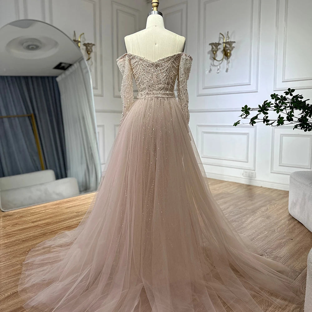 Luxury Dubai Nude Mermaid Arabia Beaded Evening Dress Gown with Detachable Skirt for Formal Occasion LA72243A - SERENE HILL