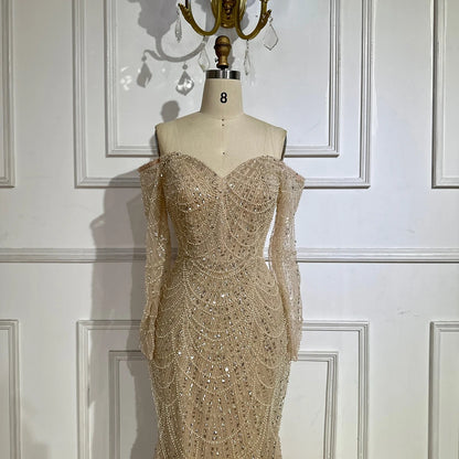Luxury Dubai Nude Mermaid Arabia Beaded Evening Dress Gown with Detachable Skirt for Formal Occasion LA72243A - SERENE HILL