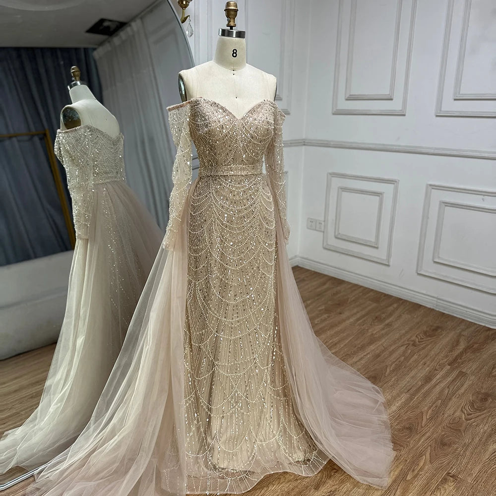 Luxury Dubai Nude Mermaid Arabia Beaded Evening Dress Gown with Detachable Skirt for Formal Occasion LA72243A - SERENE HILL