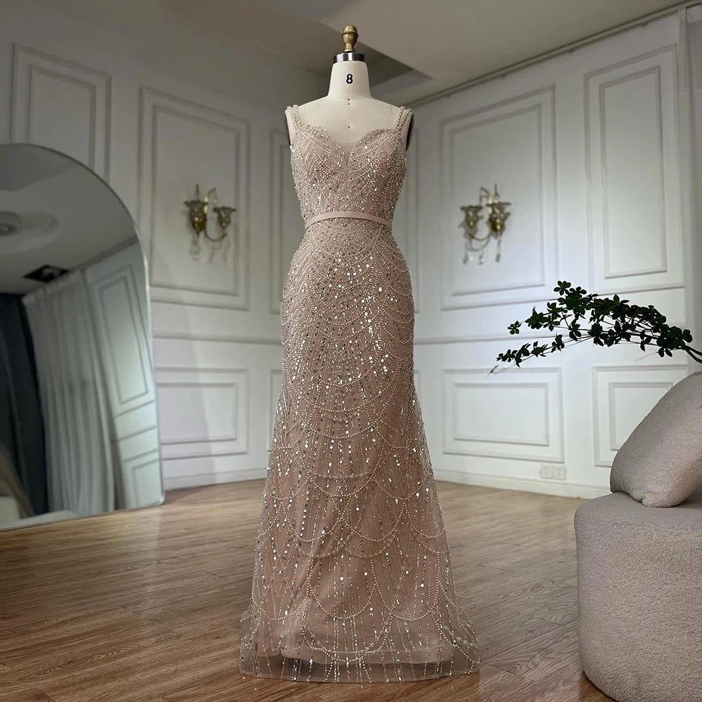Luxury Dubai Nude Spaghetti Strap Beaded Mermaid Gown with Detachable Long Sleeve Jacket for Formal Occasion LA72160C - SERENE HILL