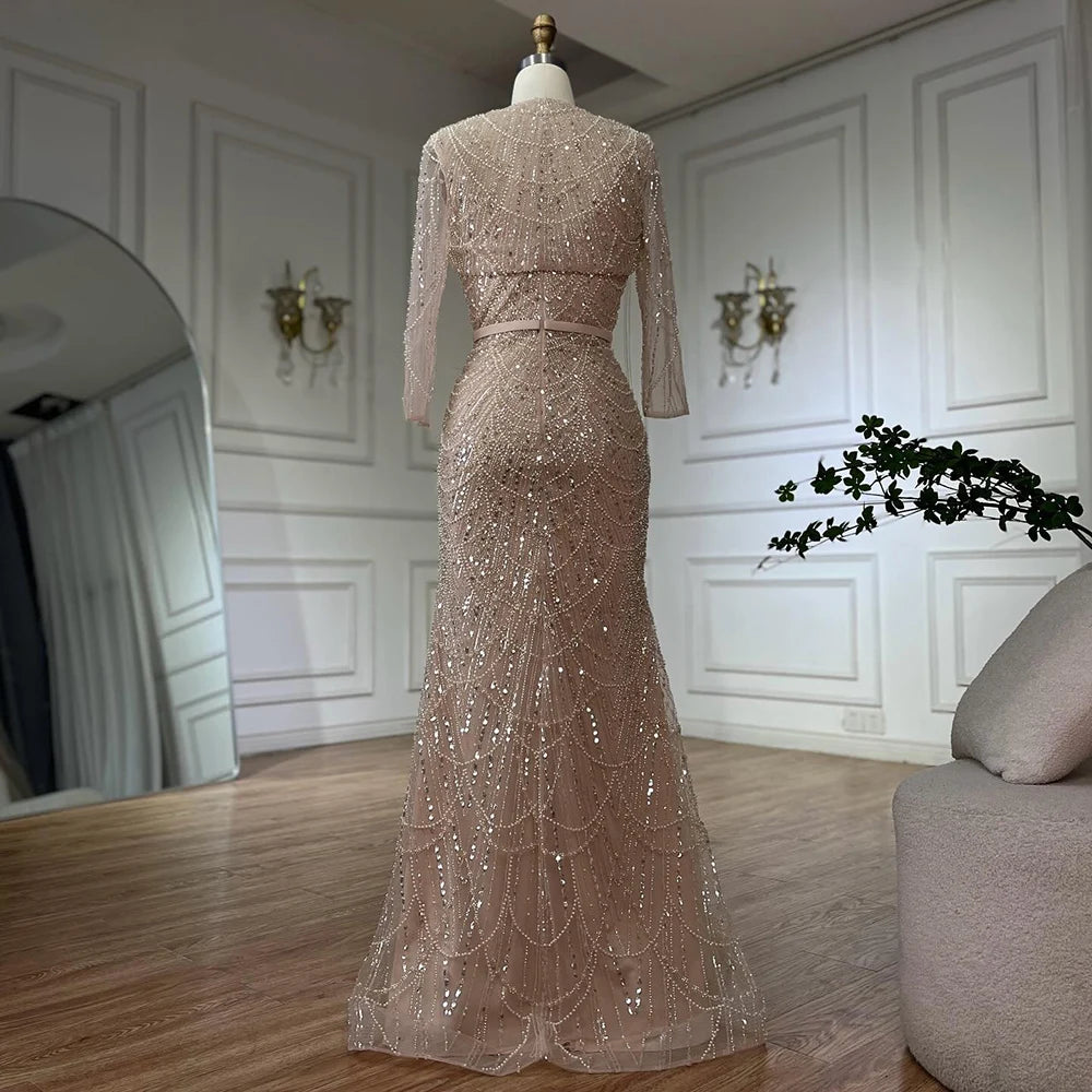 Luxury Dubai Nude Spaghetti Strap Beaded Mermaid Gown with Detachable Long Sleeve Jacket for Formal Occasion LA72160C - SERENE HILL