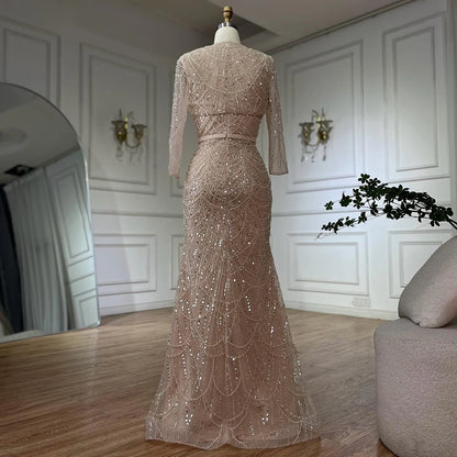 Luxury Dubai Nude Spaghetti Strap Beaded Mermaid Gown with Detachable Long Sleeve Jacket for Formal Occasion LA72160C - SERENE HILL