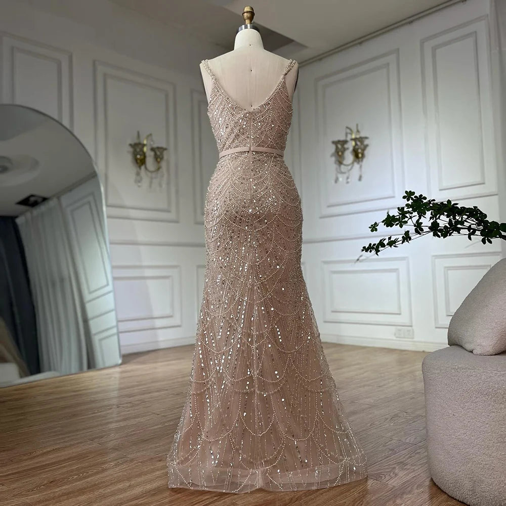 Luxury Dubai Nude Spaghetti Strap Beaded Mermaid Gown with Detachable Long Sleeve Jacket for Formal Occasion LA72160C - SERENE HILL