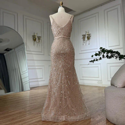 Luxury Dubai Nude Spaghetti Strap Beaded Mermaid Gown with Detachable Long Sleeve Jacket for Formal Occasion LA72160C - SERENE HILL