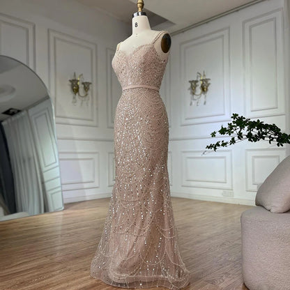 Luxury Dubai Nude Spaghetti Strap Beaded Mermaid Gown with Detachable Long Sleeve Jacket for Formal Occasion LA72160C - SERENE HILL
