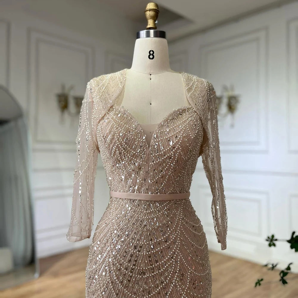 Luxury Dubai Nude Spaghetti Strap Beaded Mermaid Gown with Detachable Long Sleeve Jacket for Formal Occasion LA72160C - SERENE HILL