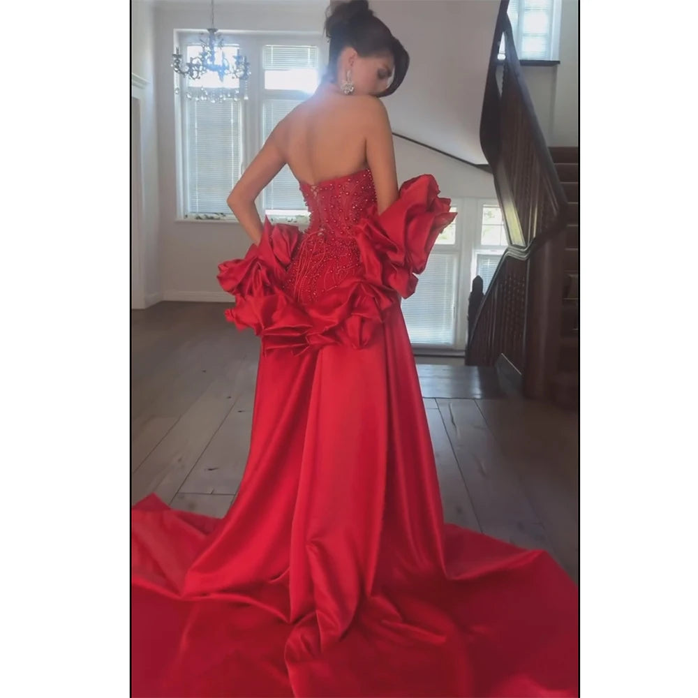 Red Long Cape Pearls Beaded Mermaid Evening Dress Gown LA72585A - SERENE HILL