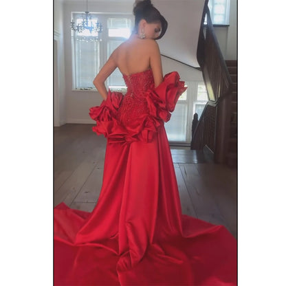 Red Long Cape Pearls Beaded Mermaid Evening Dress Gown LA72585A - SERENE HILL
