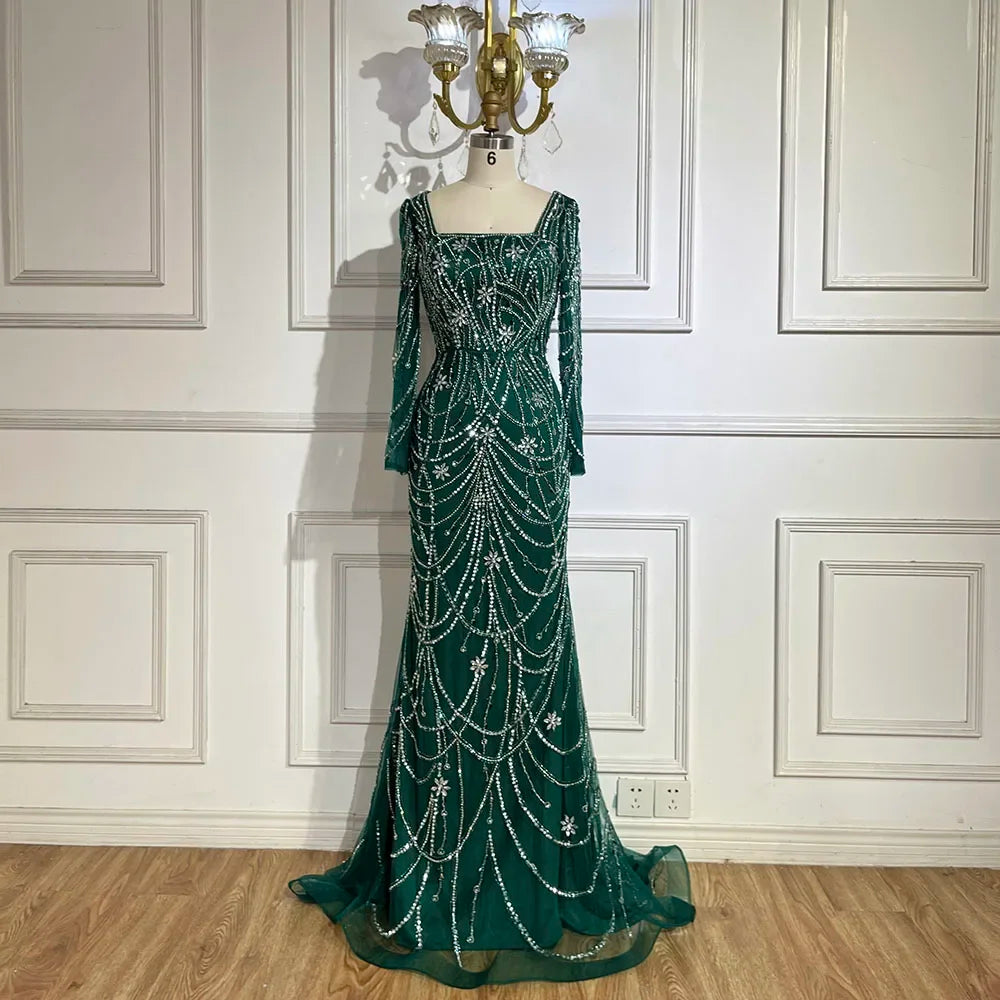 Serene Hill Dark Green Mermaid Dress Crystal Beaded Arabic Evening Gown for Women Perfect for Weddings and Parties 2025 LA72242 - SERENE HILL