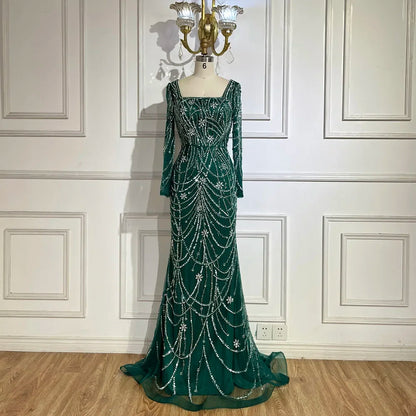 Serene Hill Dark Green Mermaid Dress Crystal Beaded Arabic Evening Gown for Women Perfect for Weddings and Parties 2025 LA72242 - SERENE HILL