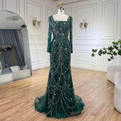 Serene Hill Dark Green Mermaid Dress Crystal Beaded Arabic Evening Gown for Women Perfect for Weddings and Parties 2025 LA72242 - SERENE HILL